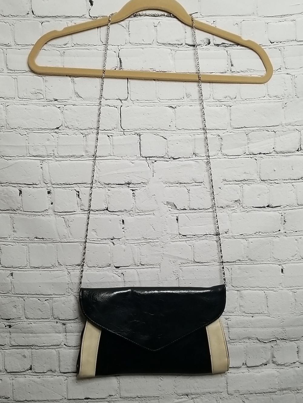 Vintage Black Tan Leather Clutch Handbag Chain Shoulder Strap